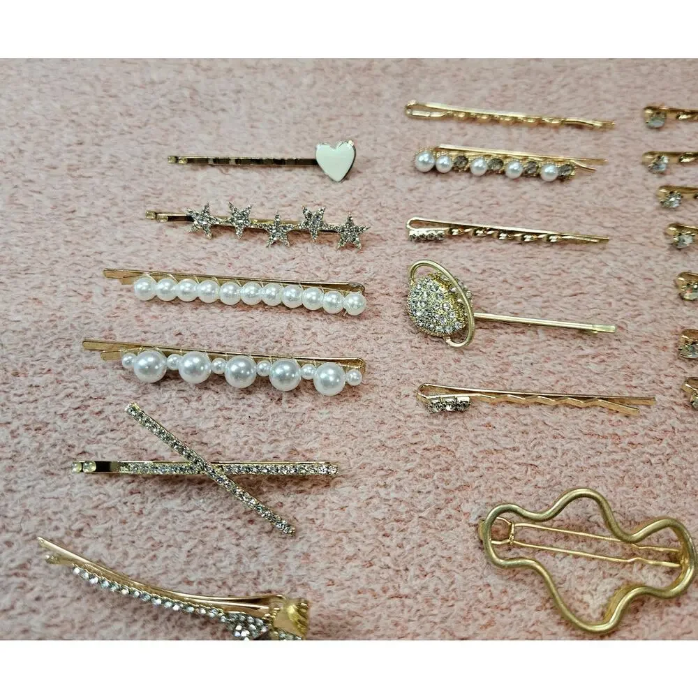 35 Assorted Set of Gold-Tone Fashion Hair Clips- Resin, Faux Pearls, & more!